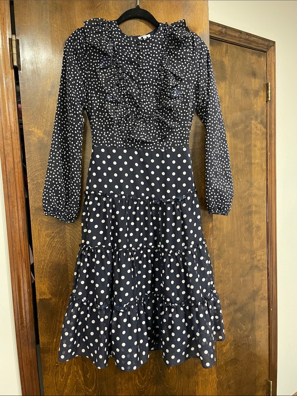Navy Polka Dot Ruffle Tiered Long-Sleeve Dress